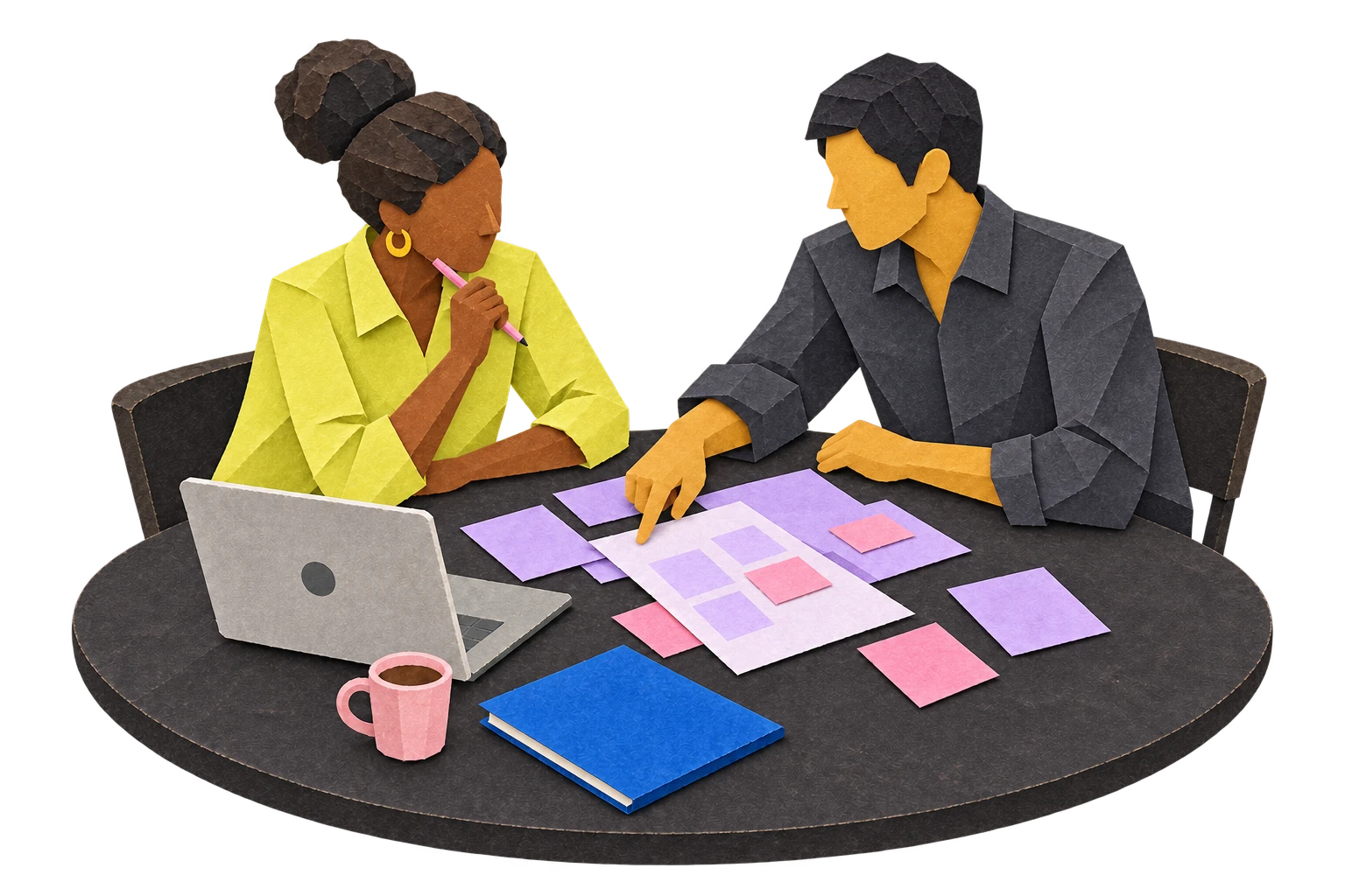 A painted paper sculpture of two people working through a business process over notes.