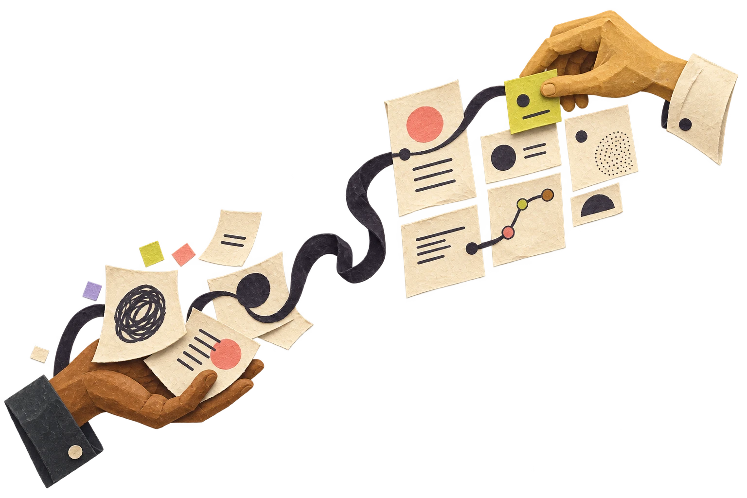 Painted paper hands turn scattered records into organised documents: a brown hand releases the papers and a golden-yellow hand arranges them.